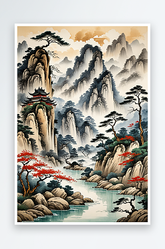 中式传统山水画水墨写意画山石溪水树木古建