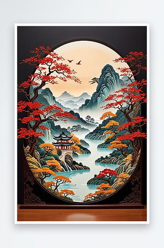 中式传统山水画剪纸渲染风格