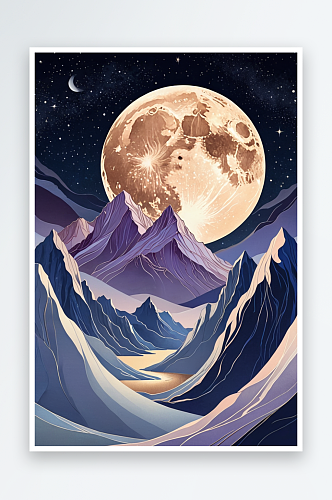 夜晚星空下月亮将月光撒在山峰上背景插画