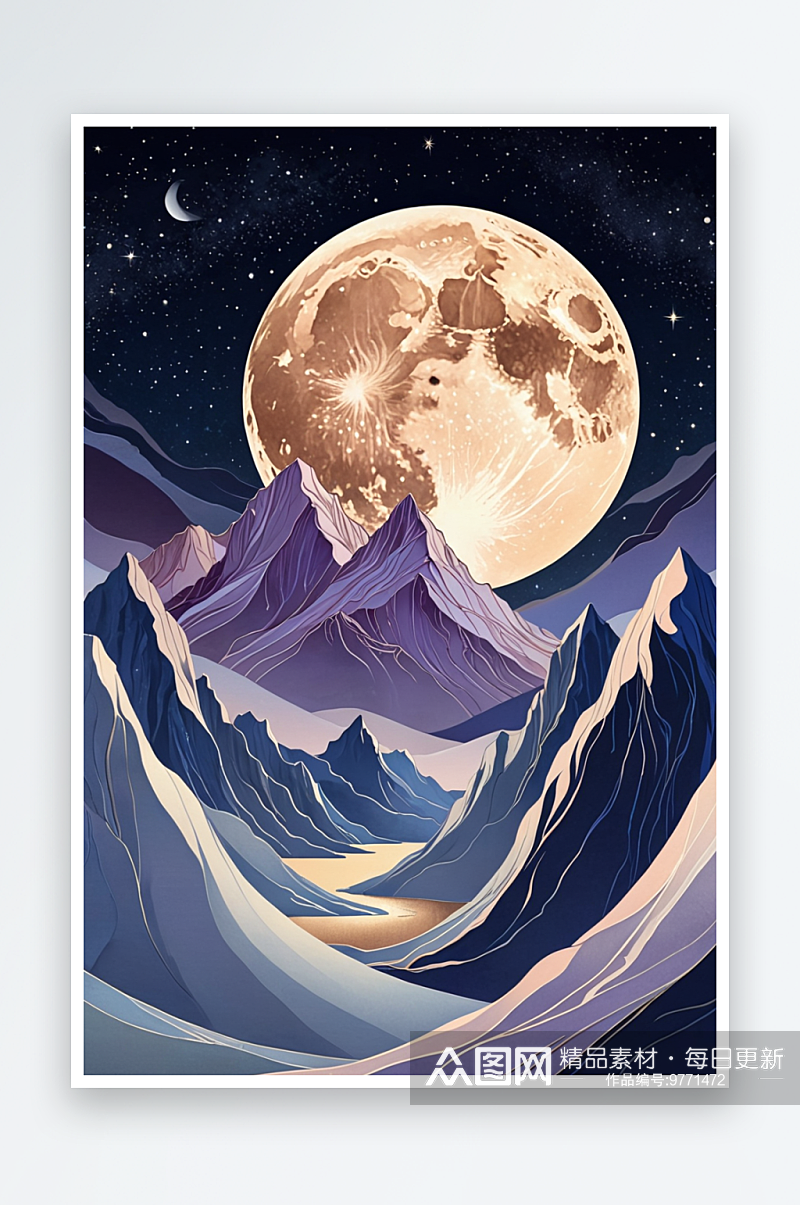 夜晚星空下月亮将月光撒在山峰上背景插画素材