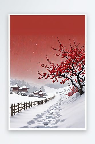 雪落红梅图大雪中式独自绽放的红色梅花
