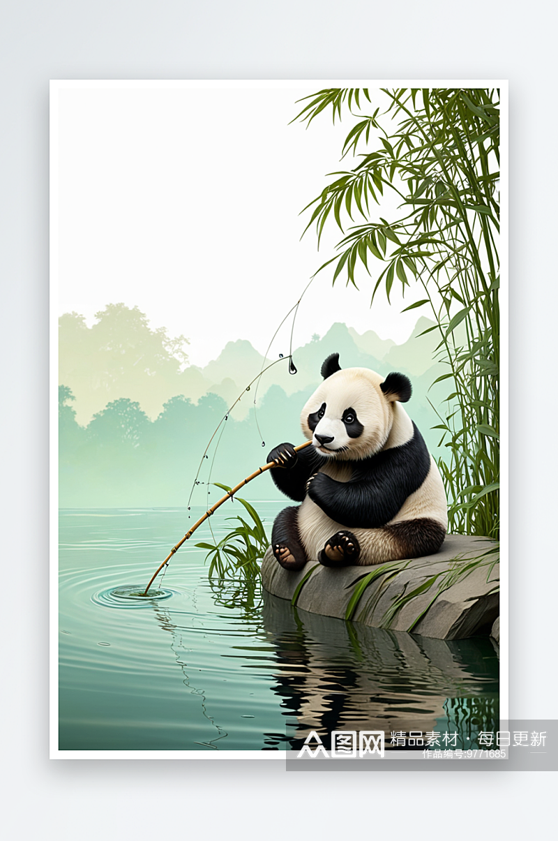 熊猫钓鱼艺术图片素材