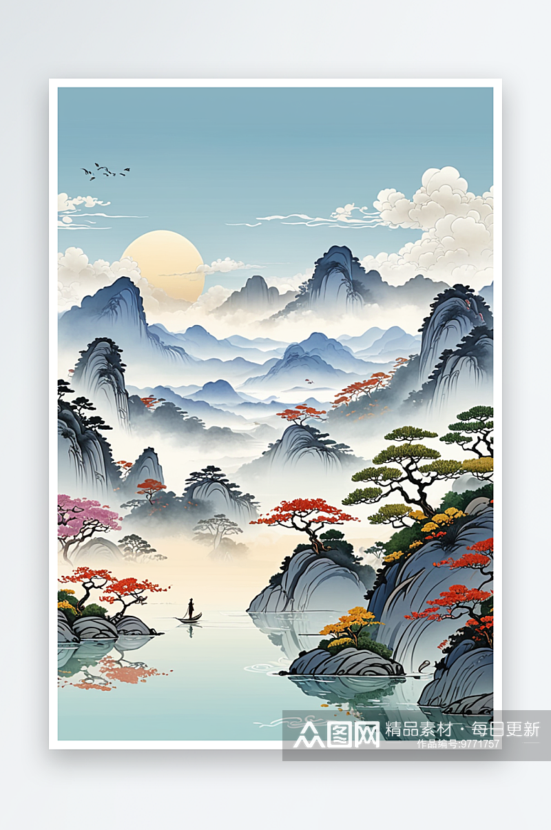 新中式式风山水画二十四节气留白户外风景背素材
