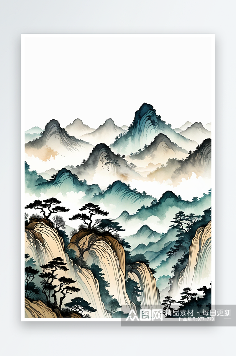 新中式式风格水墨山水风景插画素材