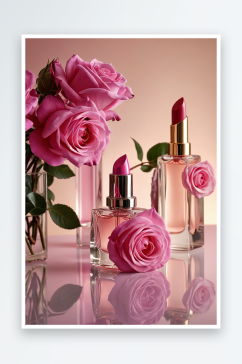 紫色香水瓶两瓶唇膏还有一束粉色淡粉色玫瑰