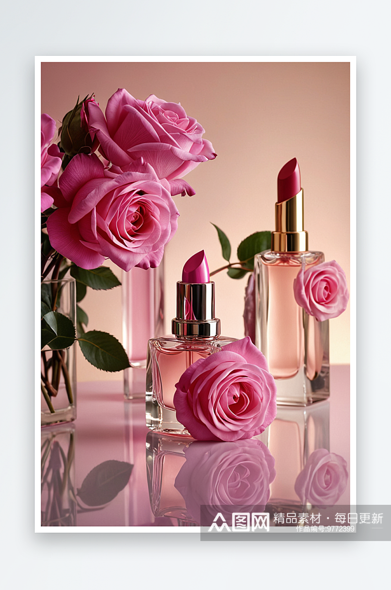 紫色香水瓶两瓶唇膏还有一束粉色淡粉色玫瑰素材