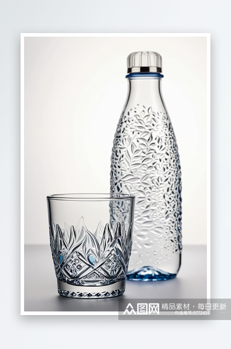 装饰水瓶一个小水杯装水酒精装饰容器光背景素材