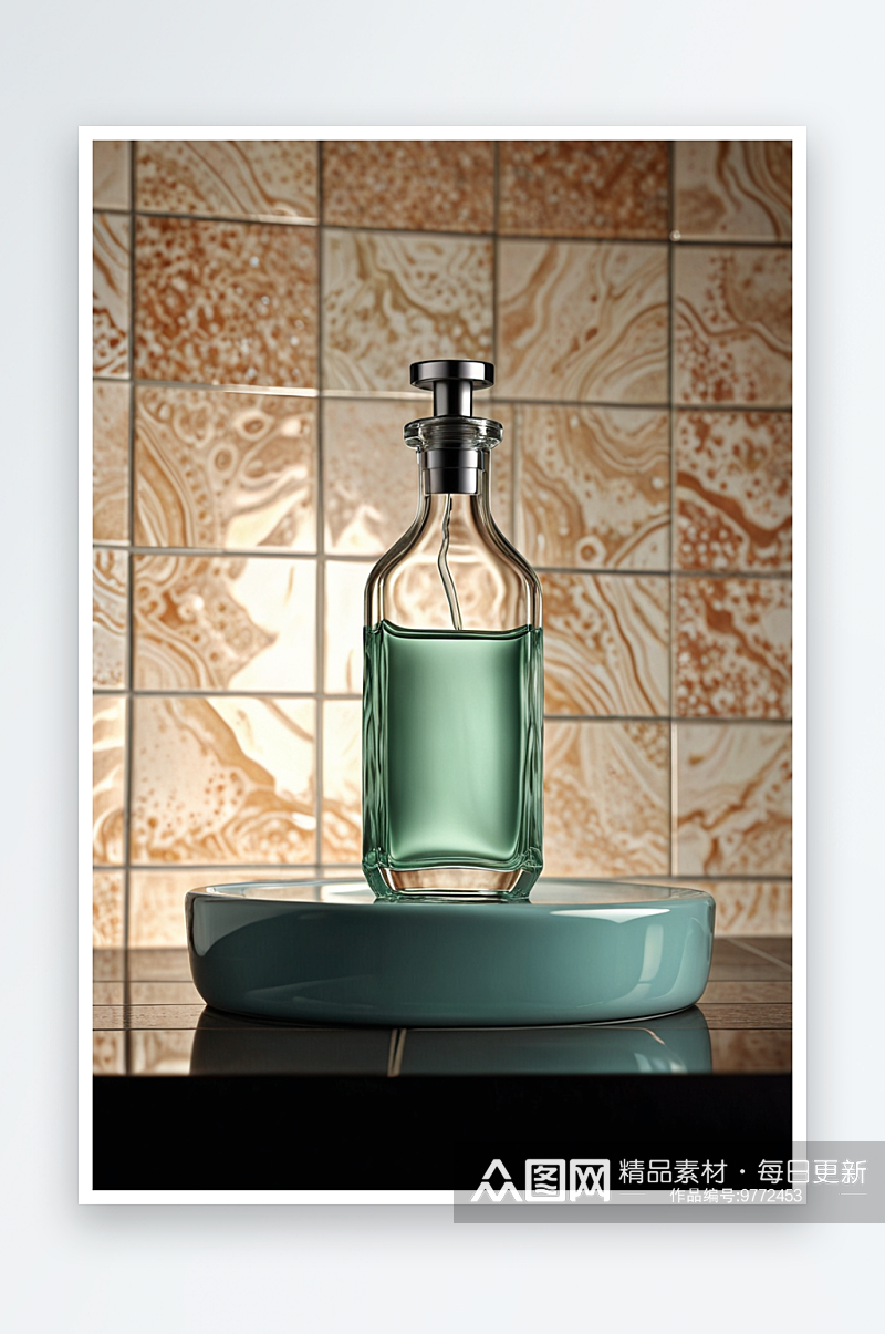 浴室瓷砖背景上一瓶透明美容精华液图片素材