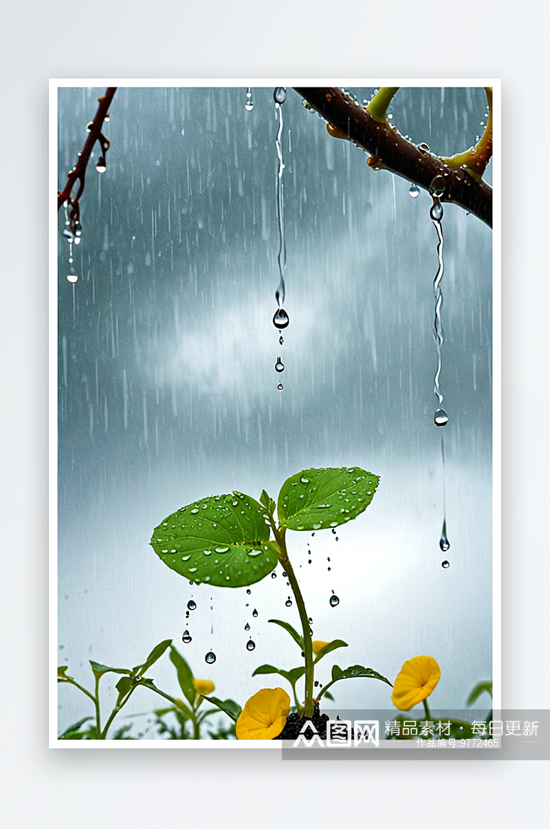 雨水节气下雨天植物发芽新生图片素材