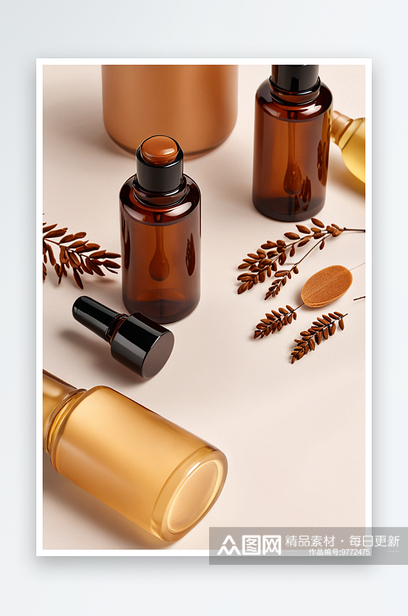 用于面部身体皮肤天然化妆品包装棕色瓶子与素材