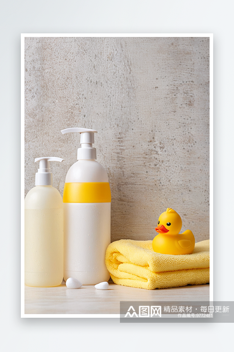 婴儿沐浴用品毛巾黄色橡皮鸭洗发水瓶儿童保素材
