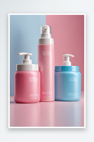 一套化妆品粉红色背景化妆品包装收集洗发水