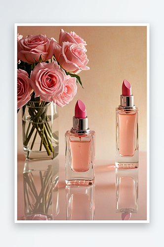 香水瓶两瓶唇膏还有一束粉红色淡粉色玫瑰图
