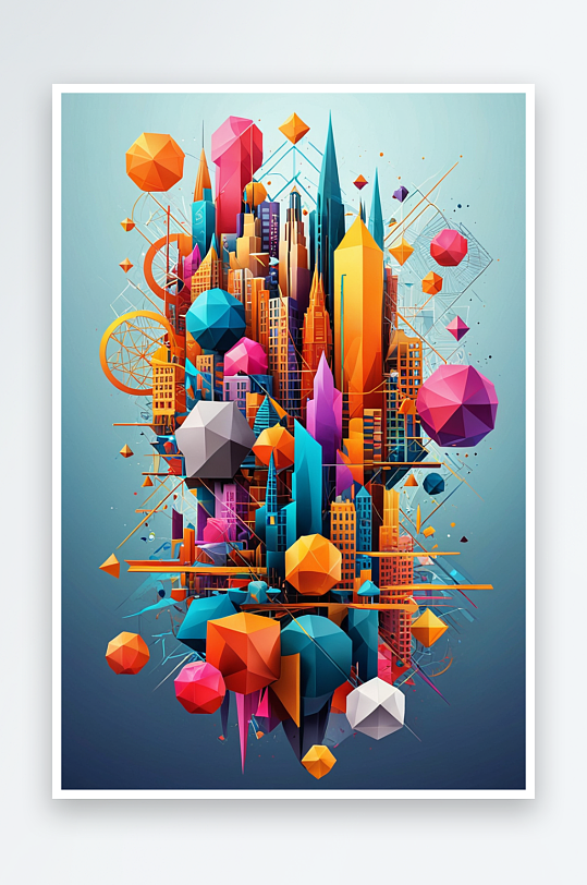 数码彩色几何城抽象图形海报背景图片JPG