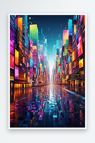 数码彩色方块城抽象图形海报背景图片JPG