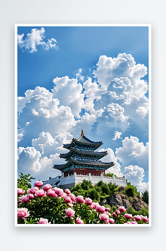 旅游广告背景图国花牡丹蓝天白云壁纸图片
