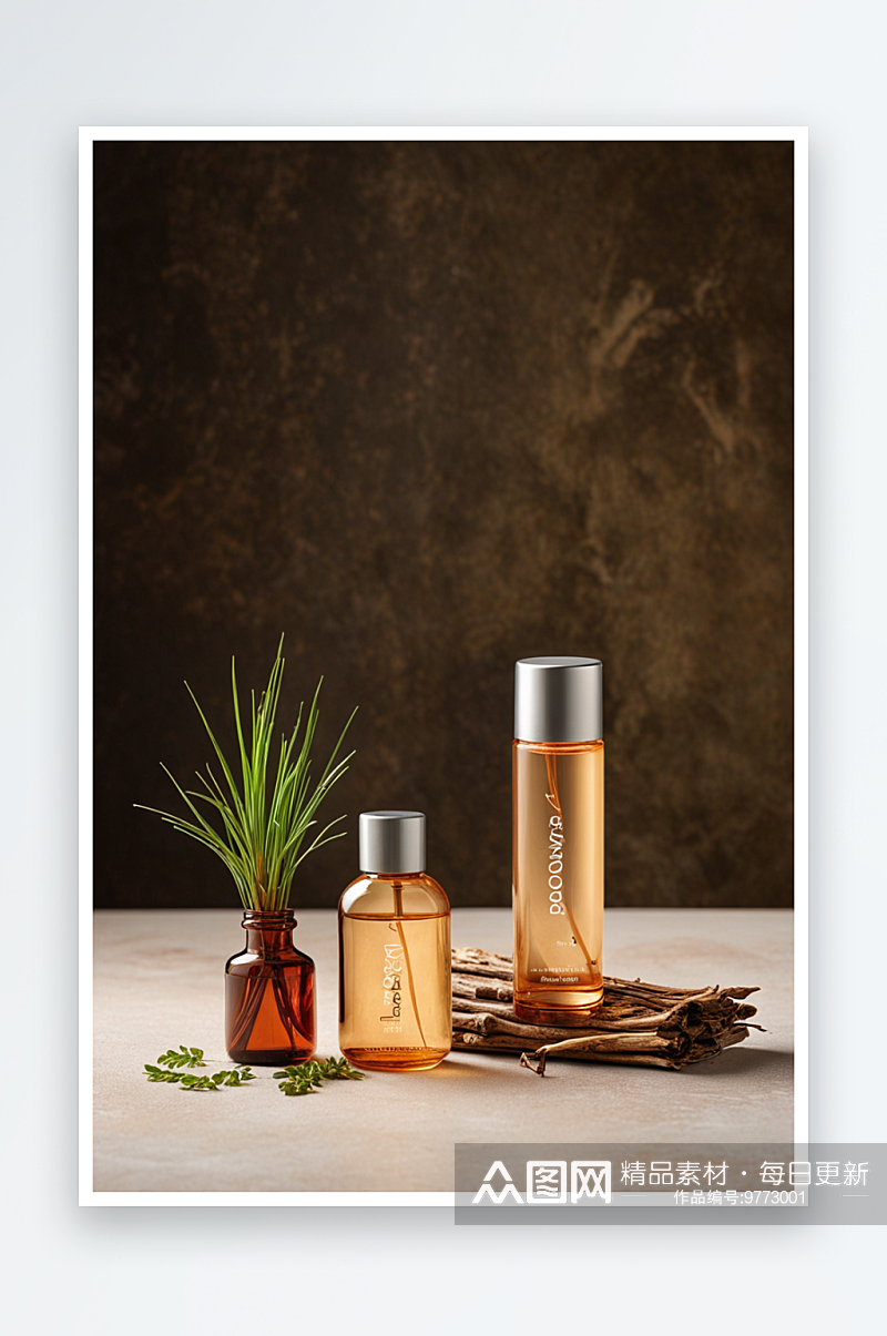 两个棕色玻璃模拟瓶洗发水护发素身体护理化素材