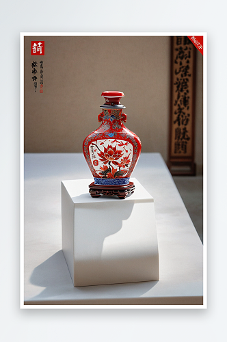 博物馆清乾隆款釉里红折枝莲纹戟耳方瓶图片