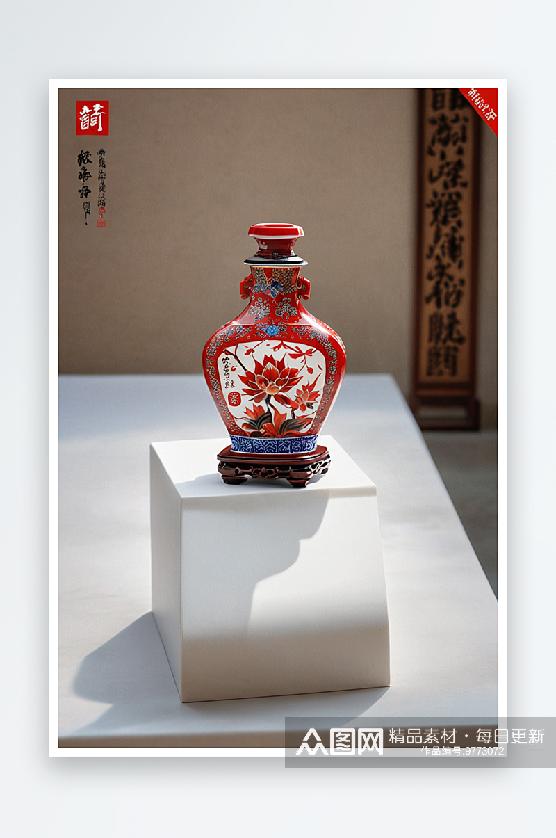 博物馆清乾隆款釉里红折枝莲纹戟耳方瓶图片素材