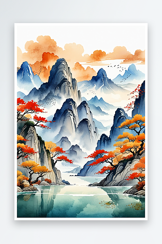 复古画画轴水彩风格山河秋色插画背景图