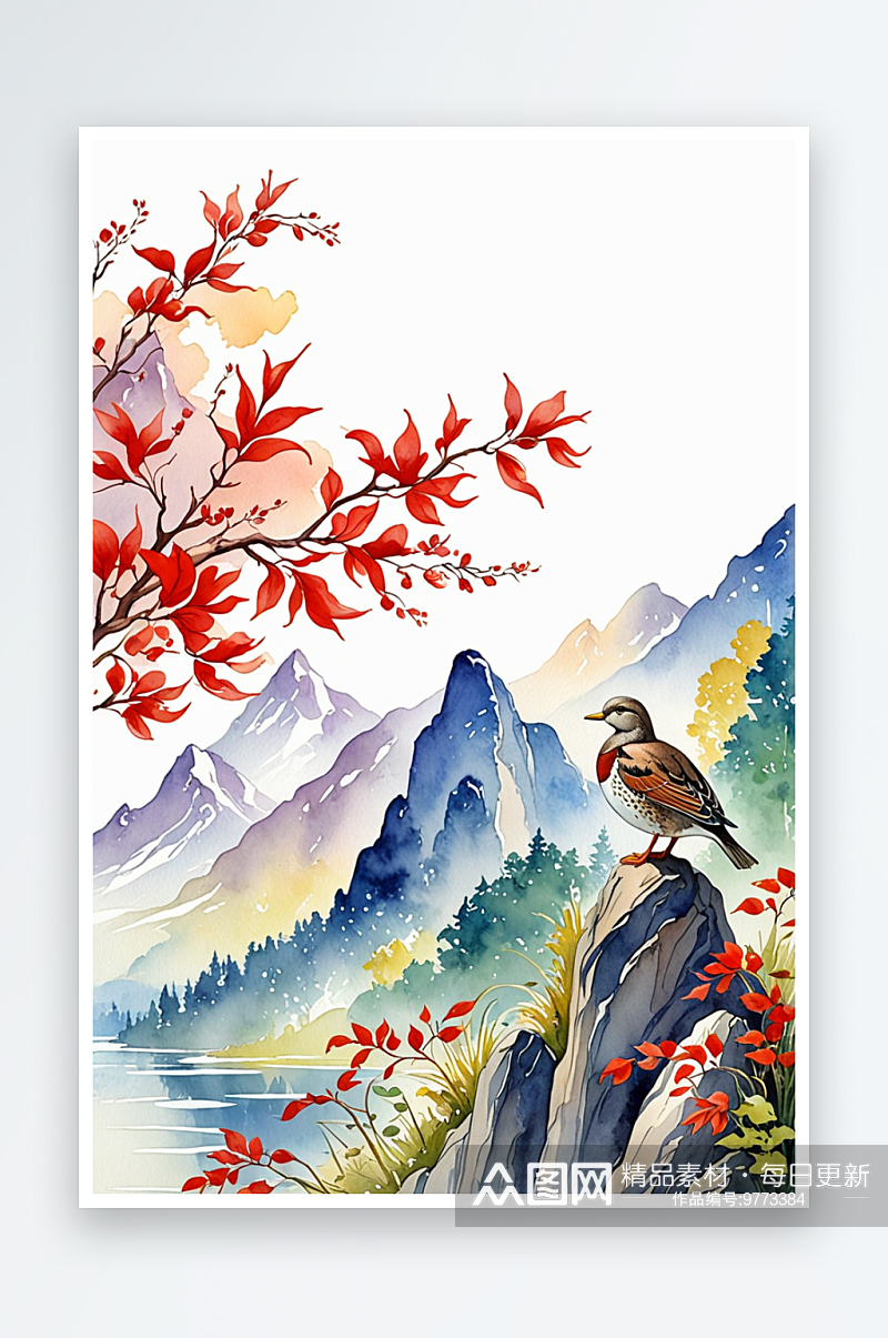 春夏天水彩风景画野鸭子麻雀红叶山色素材