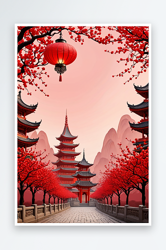 传统春节背景红色庆祝灯笼建筑