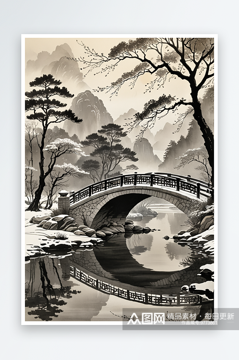 中式水墨画大寒节气湖面上的拱桥素材