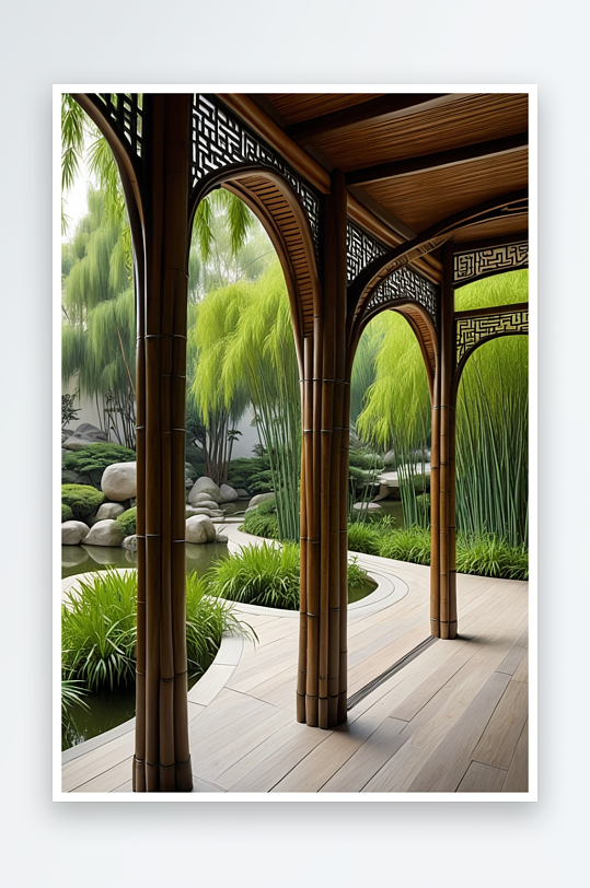 中式式长廊与竹叶江南园林景观设计