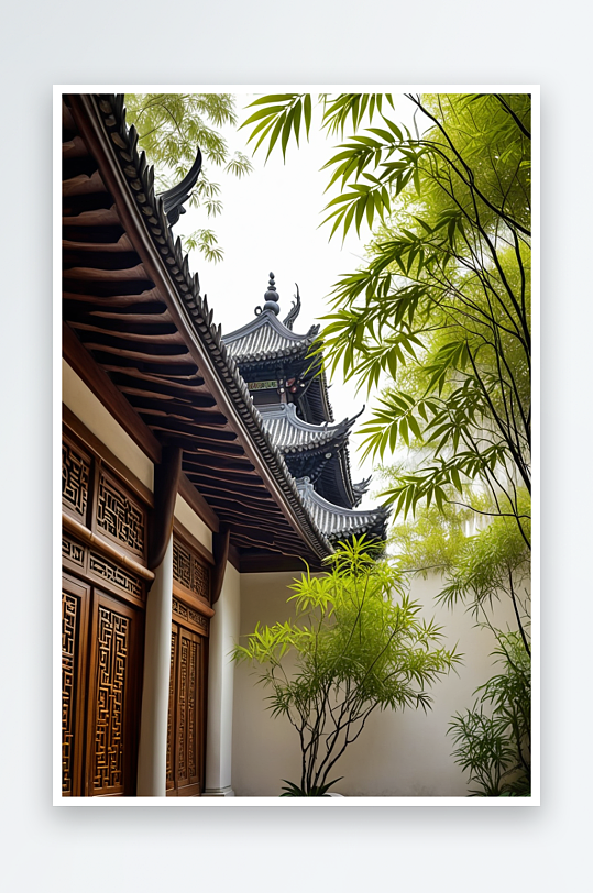 中式式园林古典建筑与竹叶特写东方