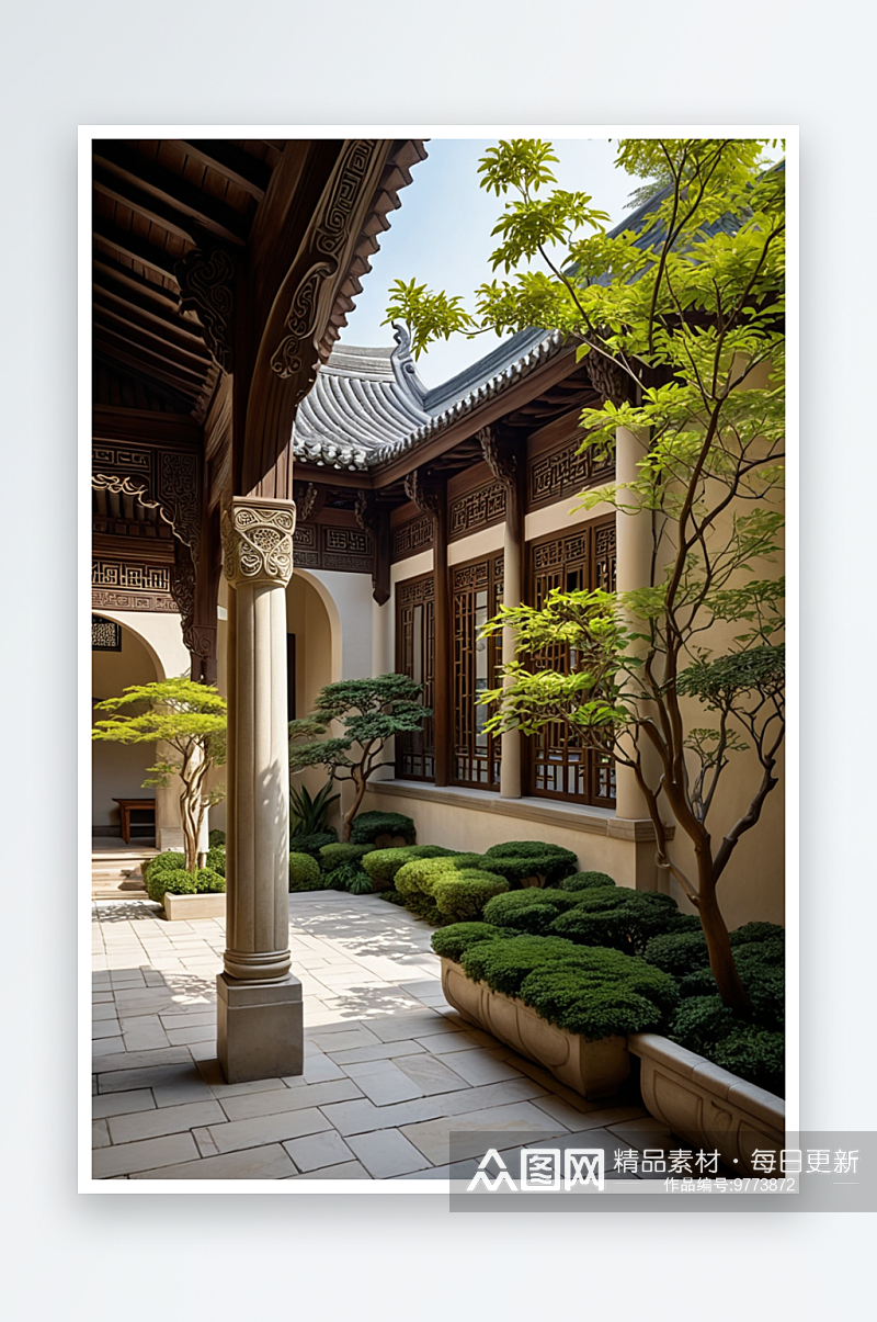 中式式庭院回廊局部古典建筑东方素材