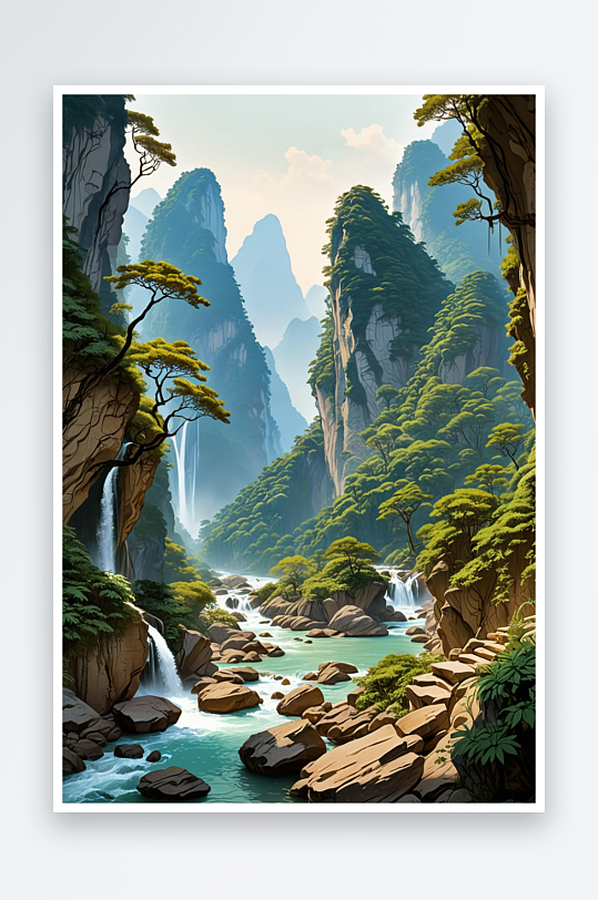 中式南方自然风景插画山间峡谷森林溪流瀑布