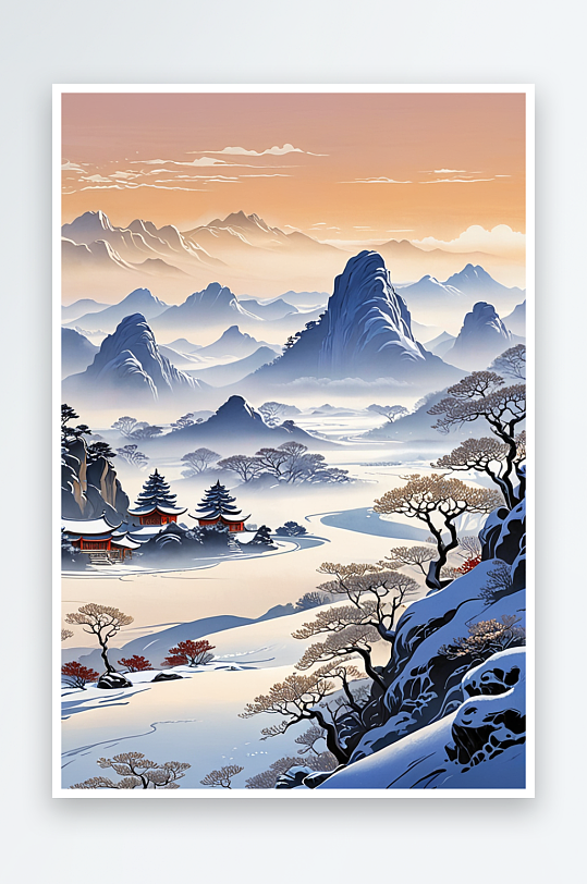 中式风山水画冬季风景