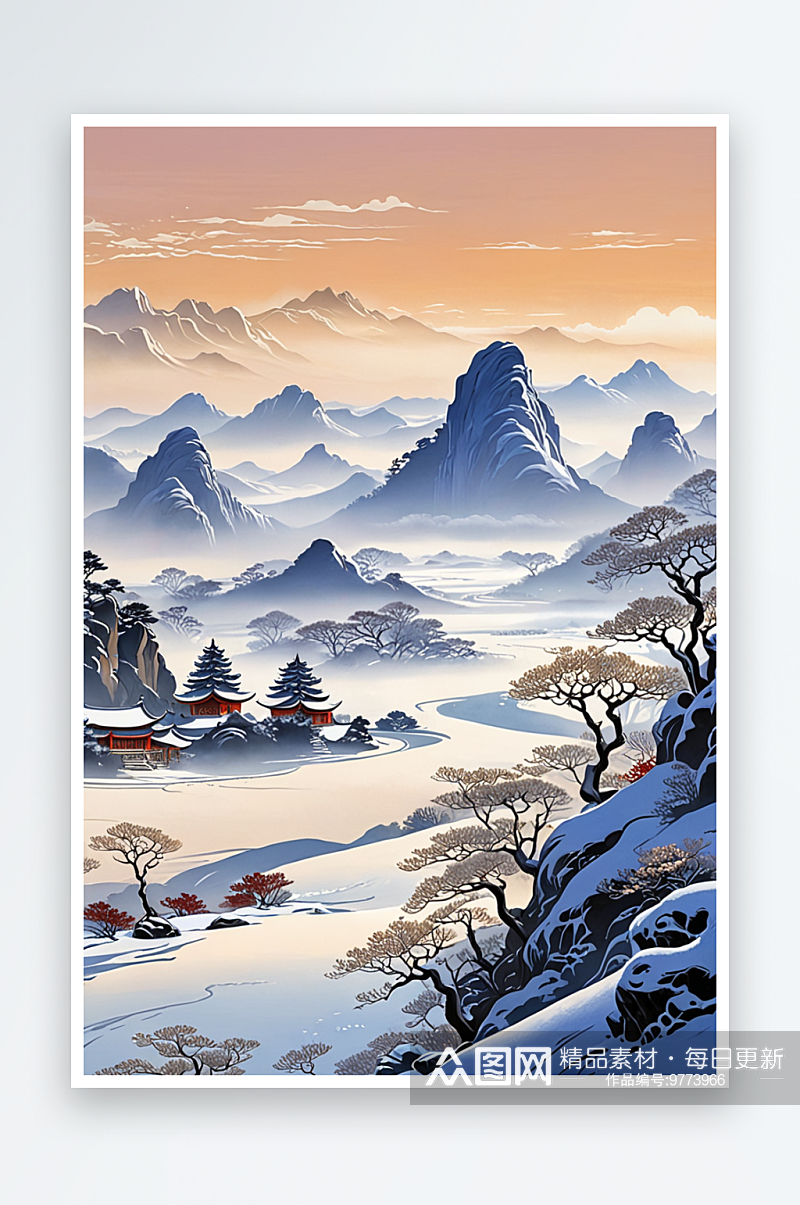 中式风山水画冬季风景素材