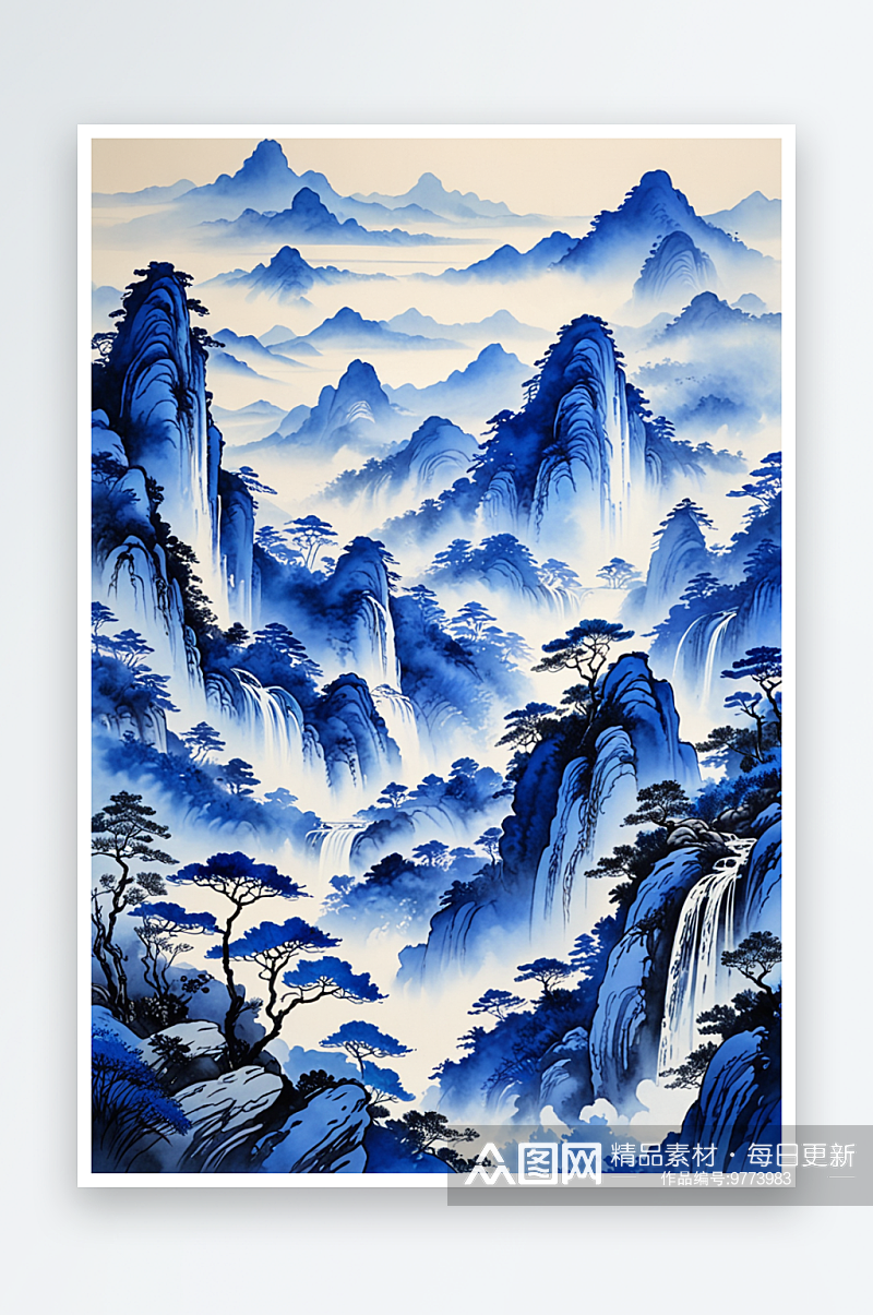 中式风蓝色水墨山水画层叠风景插画素材