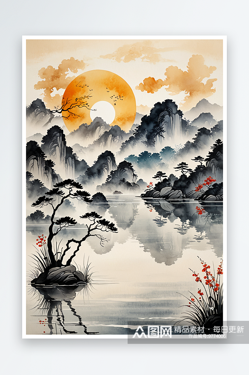 中式风极简水湖边的太阳墨画素材