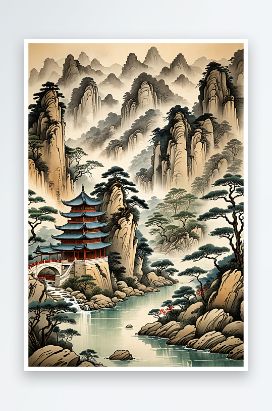 中式传统山水画水墨写意画山石溪水树木古建