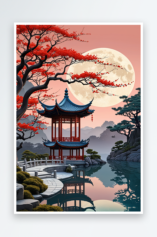 中式潮新中式式现代复古风夜色树月亮楼阁竖