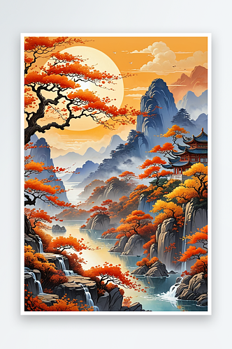 新中式式油画山水画潮风秋天节气插画背景