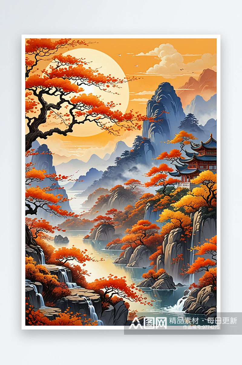 新中式式油画山水画潮风秋天节气插画背景素材