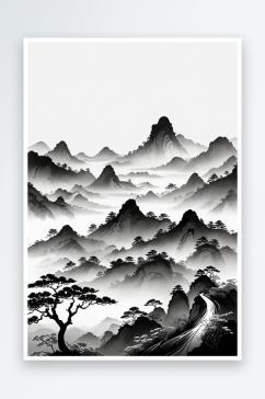 竖幅背景黑白中式山水画