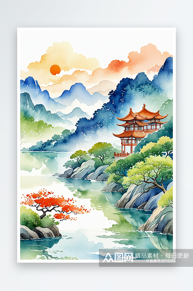 立夏节气中式风小清新水彩风格山水插画素材