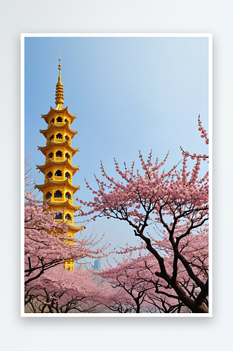 武汉市的黄鹤楼周围樱花正盛开插画背景