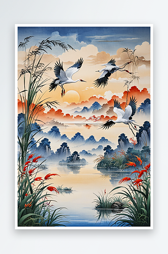 唯飞鹤芦苇中式风手绘山水画