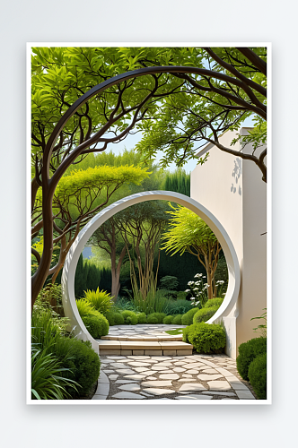 苏式园林中式的圆形拱门中式元素景观设计