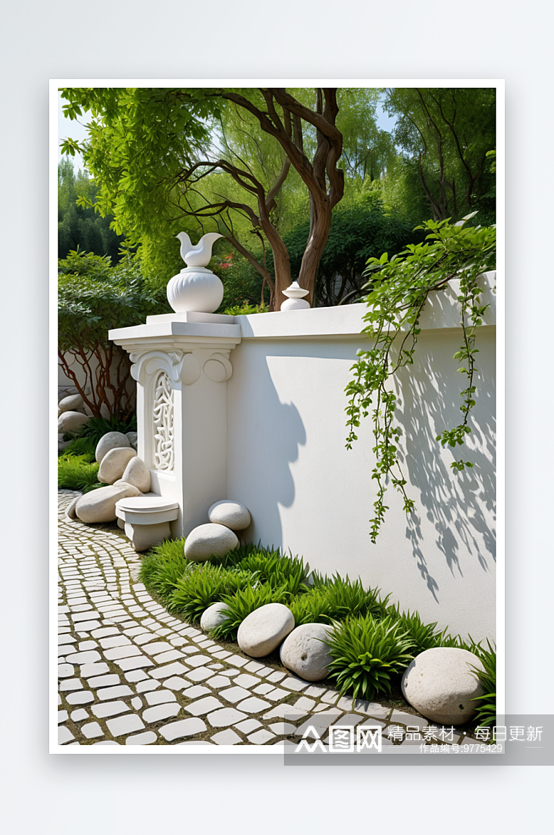 苏式园林白墙与假山石中式元素素材