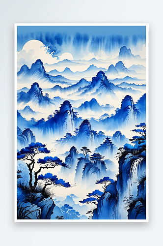 竖幅背景蓝色中式山水水墨画
