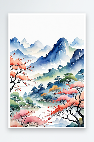 手绘中式风小清新水彩风格山水风景插画