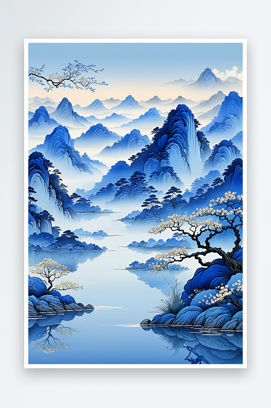 手绘中式风蓝色意境山水画