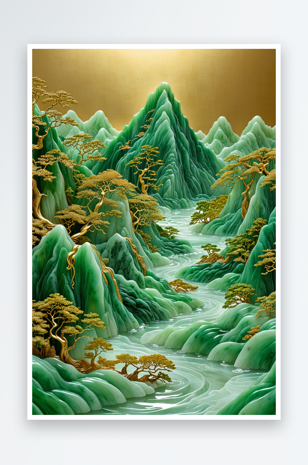青绿翡翠玉石鎏金玉雕立体中式千里江山图素材下载-众图网
