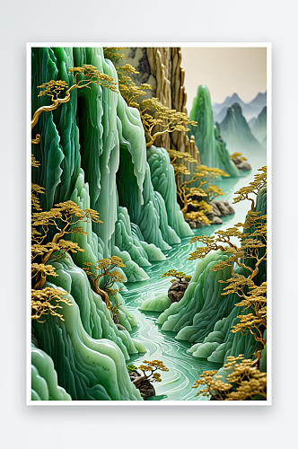 青绿翡翠玉石鎏金玉雕俯视立体中式千里江山